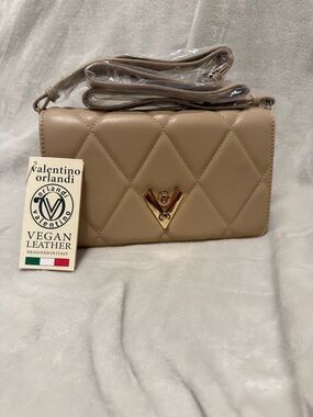 Valentino Orlandi NWT Vegan Leather Quilted Chain Crossbody Shoulder Bag Taupe